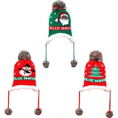 Kids Winter Plush Lining Knitted Beanie Hat Christmas Long Pompom Earflap Cap F3MD