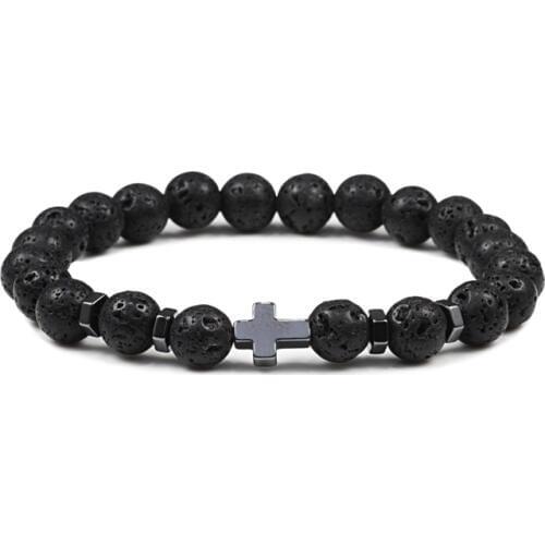 Dropshipping Hot Men Natural Lava Stone Bead Bracelets Hematite Cross Rosary Meditation Prayer Jesus Bracelet Women Yoga Jewelry