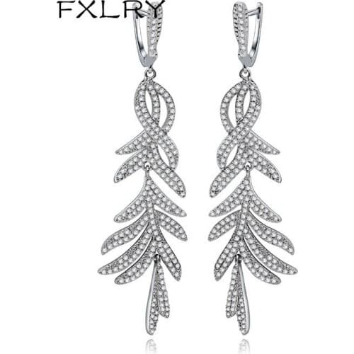 FXLRY Elegant Design Top Quality Vintage Micro Inlay AAA Zircon Crystal Leaves Long Earrings Fashion Women Wedding JEWELRY