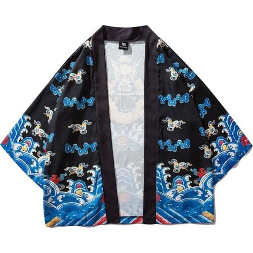 Plus Size Tangsuit Printing Kimono Robe Haori Japanese Asian for Men Unisex Dragon Yukata Retro Party Loose black Japan Fashion