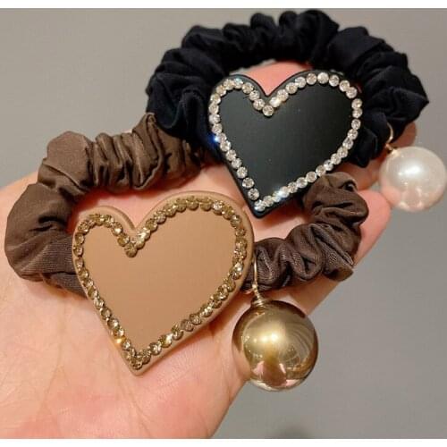 Korean Flash Crystal Rhinestone Scrunchies Hair Band Coffee Black Heart Pearl Female Ponytail Autumn Hair Accessories for Girls