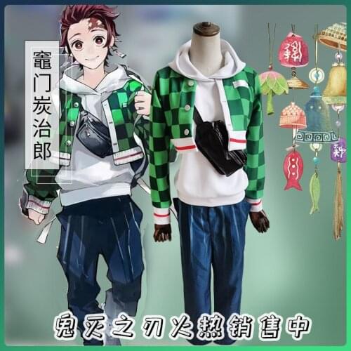Anime Demon Slayer Kamado Cosplay Costume Tanjirou Kamado Daily Coat Hoodies Full Sets