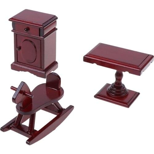 1:12 Doll House Toys Dollhouse Miniature Red Wooden Rocking Horse Chair Cabinet Table Nursery Room Furniture Accessories
