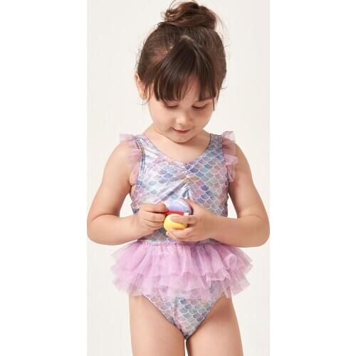 Julysand Girls swimwear Lovely One Piece Swimsuit Scale Pattern Printed Mesh Skirt Kids High-end BathingSuit