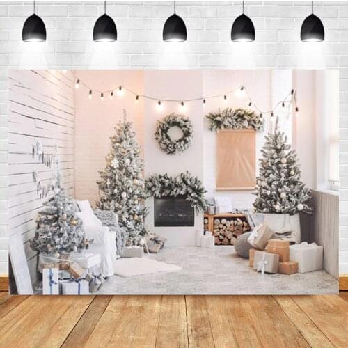 Laeacco White Christmas Tree Garland Gift Wood Board Custom Birthday Backdrop Photographic Photo Background For Photo Studio