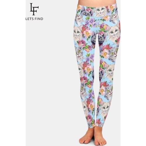 LETSFIND New Arrival Animal Shapes Cats and Flowers 3D Digital Printing Women Legging High Waist Slim Casual Pants Leggings
