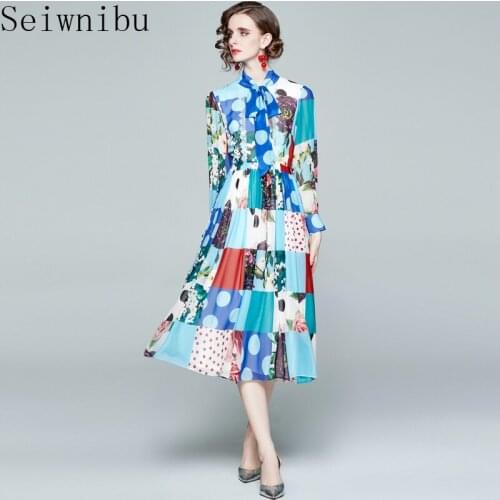Seiwnibu Fashion Designer Runway dress Spring Summer Women Dress Bow collar Lace Floral-Print Elegant Chiffon Dresses