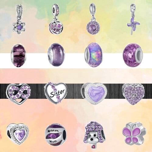 New Purple Series Charm Heart Butterfly Stars Sparkling Zircon Glass Beads Fit Original Pandora Bracelets Women Girl DIY Jewelry
