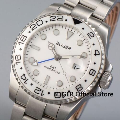 Solid Bliger 43mm white dial ceramic bezel GMT function luminous marks silver color case automatic movement mens wristwatch B26