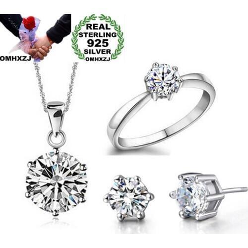 OMHXZJ Wholesale European Fashion Woman Girl Party Wedding Gift 925 Sterling Silver Stud Earrings+Ring+Necklace Jewelry Set JE07
