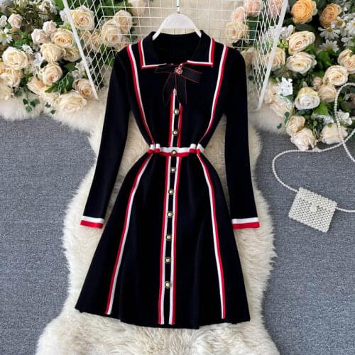 Fall/winter Fashion Women Dress Single Breasted Long Sleeve Dress Ladies Knitted Strip Bowknot Lapel Knee-length Dresses