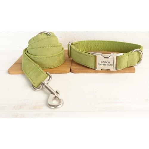 Personalized Pet Collar Customized Nameplate ID Tag Adjustable Soft Green Suede Fabric Cat Dog Collars Lead Leash Set