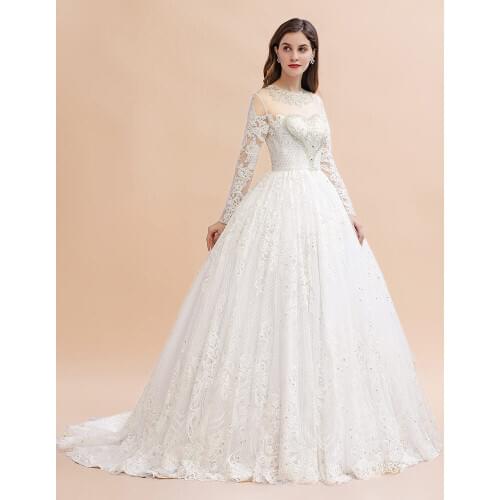 Romantic Heart Shape Beads Ball Gown Wedding Dresses 2020 Sexy Illusion Back Long Sleeve Wedding Bridal Gowns Robe De Mariee