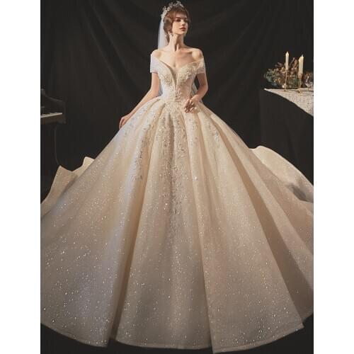 Luxury Champagne 2021 New Wedding Dress With Sweep Train Shining Sequins Custom Made Ball Gown Elegant Boat Neck Ball Gown