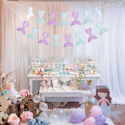 Mermaid Happy Birthday Banner Supplies Disposable Tableware Baby Shower Girls Mermaid under The Sea Beach Wedding Supplies ww73