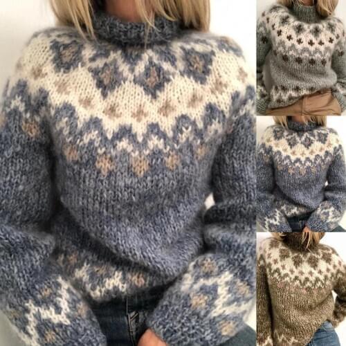 Women Turtleneck Knitted Sweater Jacquard Weave Long Sleeve Jumpers Warm Pullover Keep Warm Casual Sweater