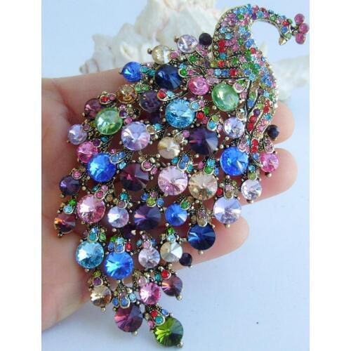 Unique 4.33" Multicolor Rhinestone Crystal Peacock Bird Animal Brooch Pin Pendant EE05651C11