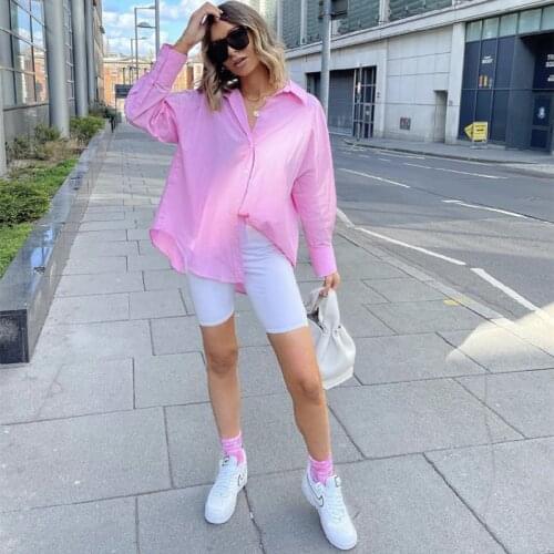 PUWD Casual Woman Pink Oversized Shirts 2021 Spring Fashion Ladies Loose Button Shirt Female Sweet Streetwear Tops