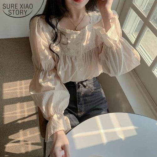 Beige Lace Blouse Vintage Square Collar Women Long Puff Sleeve Shirt Solid Cardigan Sweet Shirt Blusas Clothes Women Tops 11200