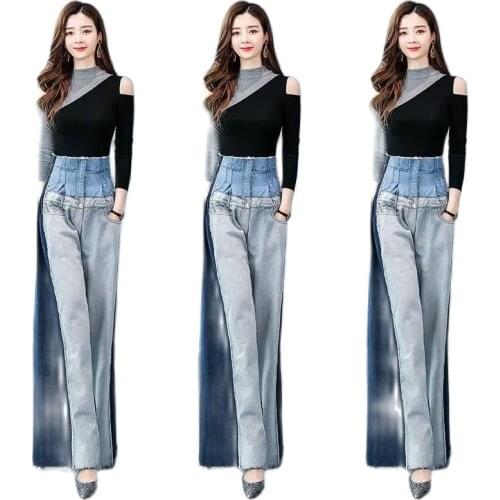 Women 2021 New Spring Autumn High Waist And Thin Temperament Fashion Western Style Two-Piece Set Cowboy Wide-Leg Pants Suit A589
