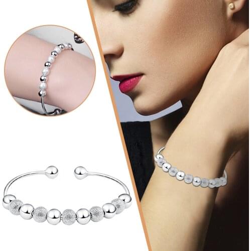 Hot Sale 925 Sterling Silver Bangle Adjustable Anti-anxiety Free Rotation Girl Exquisite Bead Bracelets Women Pulseira Jewelry