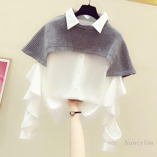 Womens Top 2021 Spring New Cropped Round Neck Sweater Shawl + Long Sleeve Ruffled Shirt Two-Piece Set Lady Blusas
