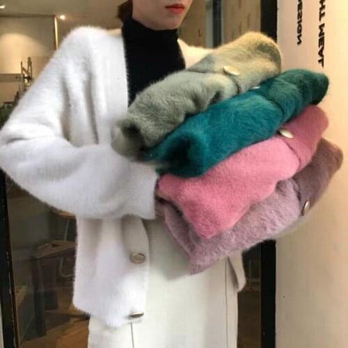 New Korean Loose V-neck Elegant Mink Cashmer Knitted Cardigan Sweater Coat Women Autumn Winter Single Breasted Casual Outwear