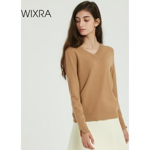Wixra Womens Sweater Knitted Loose Pullover Top Autumn Winter Long Sleeve Solid Soft Jumper V Neck Pull Femme