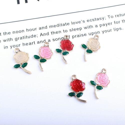 10PCS/Lot New Arrival Fashion Jewelry Metal Valentines Day Rose Charms Romantic Rose Flower with Green Leaves Oil Drop Charms