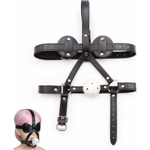 18+ Erotic Leather Head Bondage Harness Strap with Blindfold and Hard Ball Gag Sex Toys for Men Women Bdsm Fetish Cosplay Flirt
