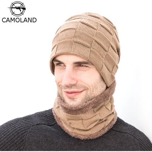 CAMOLAND Skullies Beanies Men Scarf Knitted Hat Female Beanies Set Plus Fleece Bonnet Hat Warm Winter Hats For Male Beanie Hat
