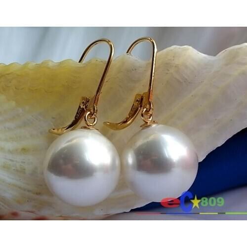 D0124 14MM ROUND SOUTH SEA SHELL PEARL DANGLE EARRING