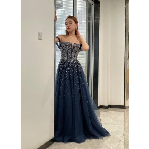Dubai Dark Blue Evening Dresses 2021 New Arrivals Luxury Beaded Beading Formal Gown for Women