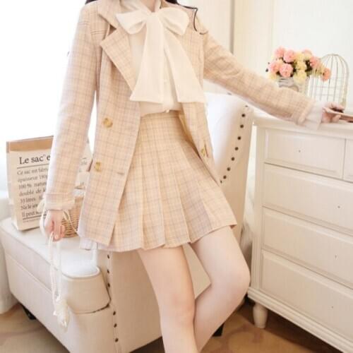 Elegant Skirt Suits Women Plaid Blazer Suit Jacket + Slim Mini Skirts + White Bow Shirt 3 Pieces OL Sets 2021 RH705