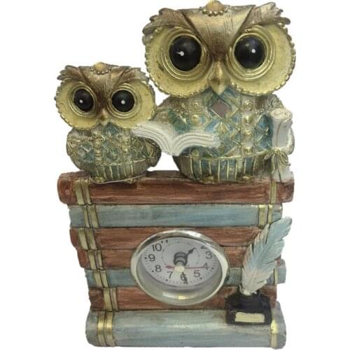 New Style Cute Creative Owl Figurine Cartoon Shape Fall Resistant Resin Animal Owl Statue Clock for Home Desktop Dormitory Decor