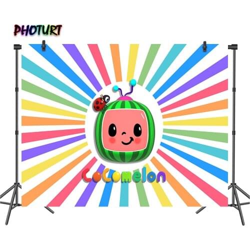 PHOTURT Cocomelon Party Background Kids Birthday Photography Backdrop Colorful Stripes Banner Polyester Vinyl Decorate Props