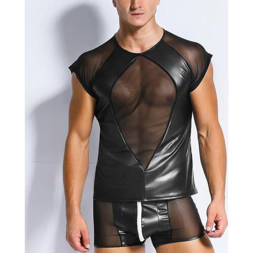 Wetlook Leather Mens T Shirt Tshirts Sexy Men See Through Mesh Patchwork Tees Tight Shirts Funny Undershirts Gay Fitness Tops