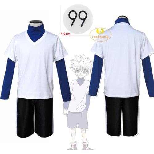 Hunter x Hunter Killua Zoldyck Cosplay Costume Halloween White Wig White T-shirt Black Shorts Number 99 Killua Zoldyck Badge Pin
