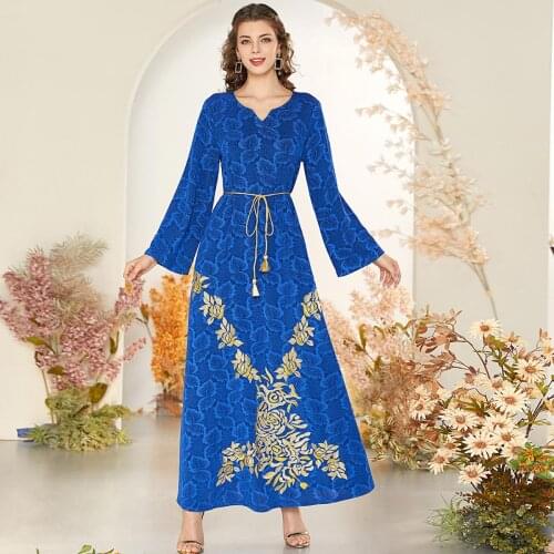 Musulman Eid Mubarak Embroidery Dress Muslim Women Abaya Floral Print Dubai Turkey Moroccan Kaftan Party Vestido Clothing Ropa