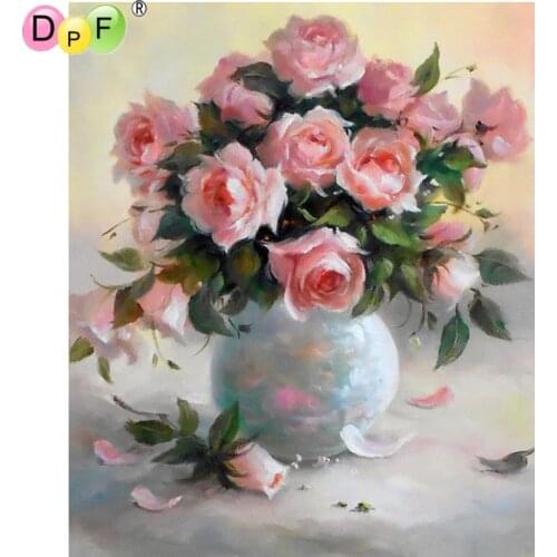 DPF DIY Pink flower vase home decor diamond embroidery diamond painting cross stitch wall painting crafts diamond mosaic square