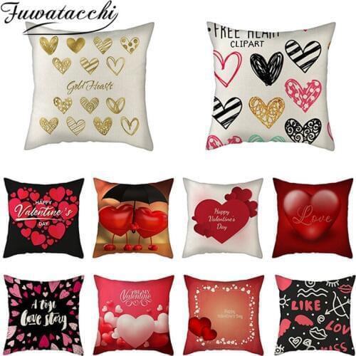 Fuwatacchi Red Heart Photo Cushion Cover Cute Pink Heart Printed Linen Pillow Cover for Home Sofa Decorative Pillow Case 45x45cm