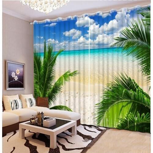New Custom 3D Beautiful Beach Green Leaf Seascape Curtain Decoration Blackout Curtain Fabric Curtains For Bedroom 3D Curtains
