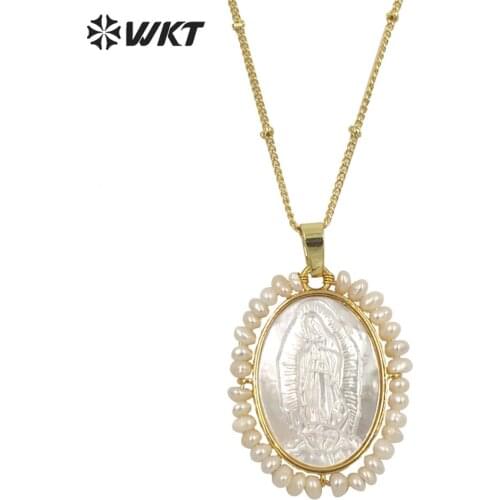 WT-JN158 Wholesale Unique handmade fashion gold Bezel WIRE wrapped Virgin Mary pendant necklace freshwater Pearl charm necklace