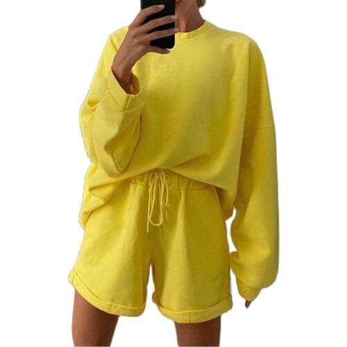 High Waist Shorts Loose Sweatshirt Women Suit Solid Color Drawstring O Neck Long Sleeve Top Shorts Suit Women Short Sets