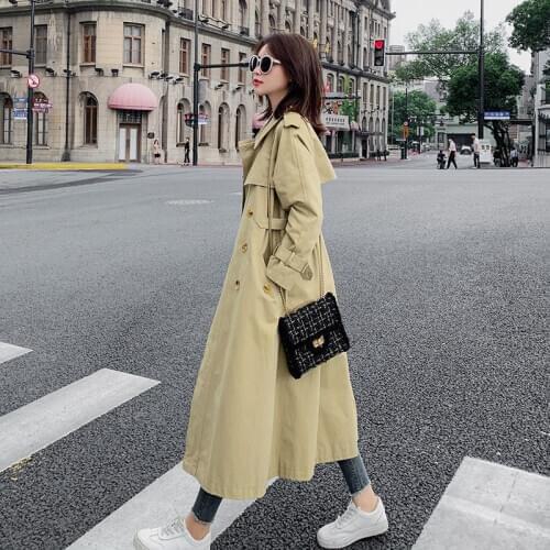 New Khaki Trench Coat Women 2021 Spring Autumn Long Loose Windbreakers Female Casual Double Breasted Overcoat Woman Khaki Coats