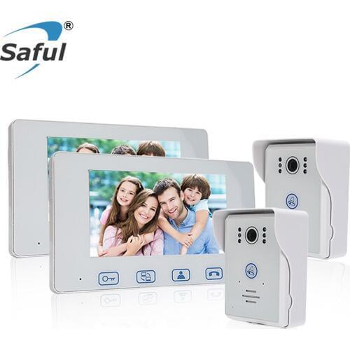 Saful 7" Screen Wired Video Door Phone Intercom System Unlock Function Night Vision 2 Waterproof Door Camera + 2 Monitor