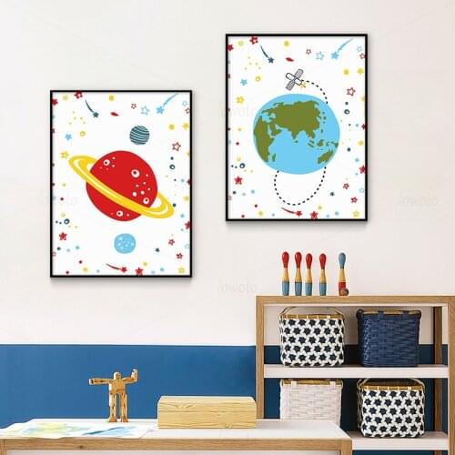 Universe Planet Rocket Pictures Earth Poster Rainbow Color Wall Art Cartoon Canvas Painting Baby Kids Bedroom Wall Paintings