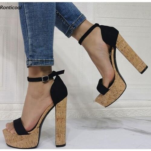 Ronticool New Women Platform Sandals Cork Pattern Buckle Strap Block Heel Open Toe Elegant Black Party Dress Shoes US Size 5-20