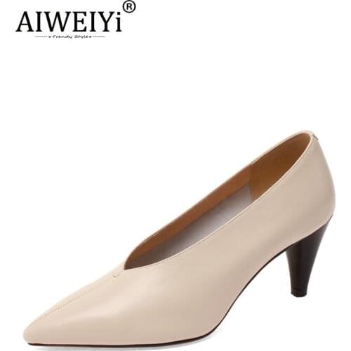 AIWEIYi Stiletto Heels Point Toe Shoes Woman Soft Leather Ladies V Mouth Comfortable Work Shoes Platform Pumps
