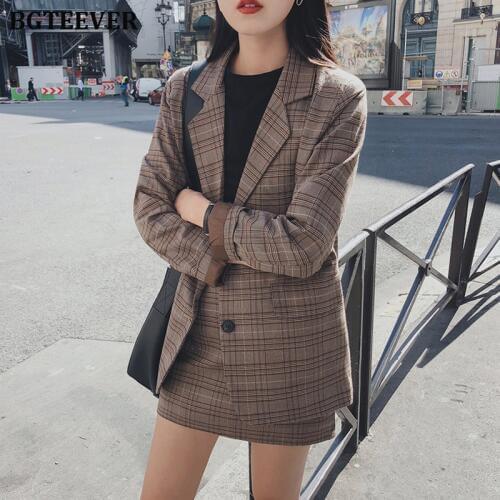 2019 Retro Plaid Blazer Sets Single-breasted Jacket & Pencil Skirt Vintage 2 Pieces Skirt Suits Female Office Ladies Blazer Suit